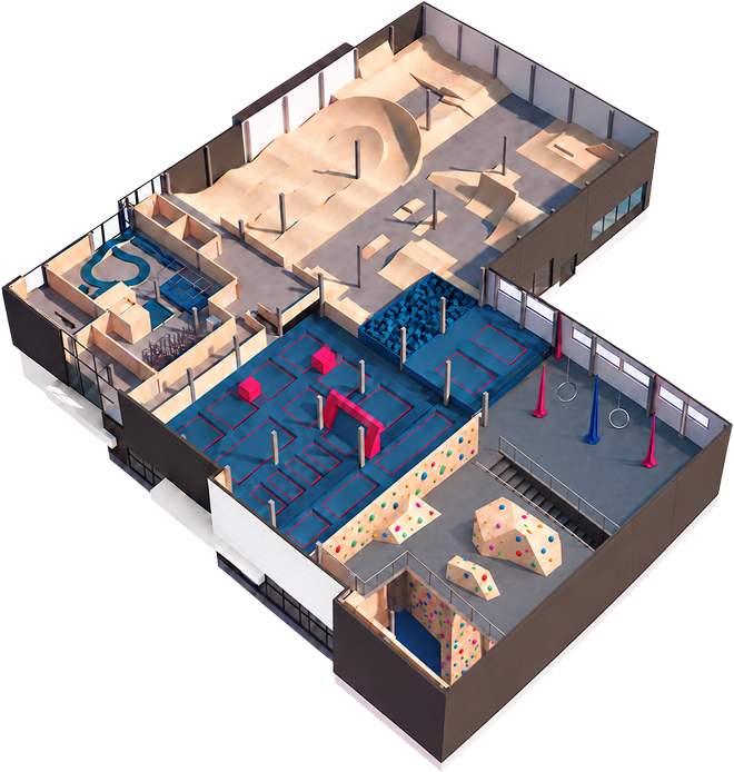 Spatial plan of the SPOT Pärnu center showing its attractions and sports areas