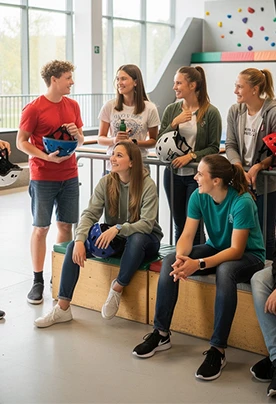 Friends sit by a climbing wall and laugh