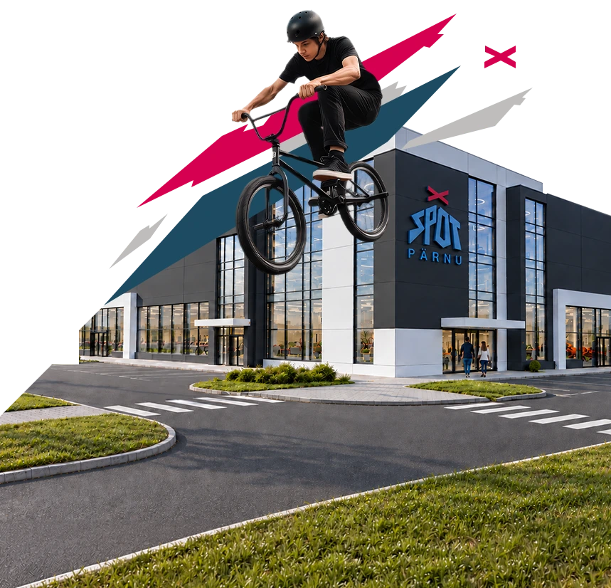 BMX rider jumping in front of the SPOT Pärnu building